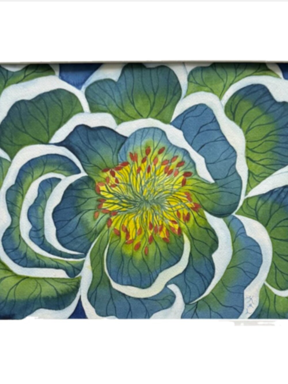 Painting Watercolor Flower Peony Blue Green Teal 11x14 & Mat 16 x20 Original Art